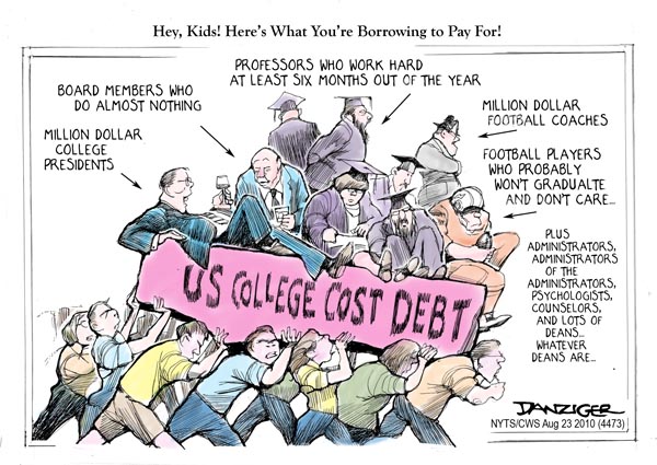 September 3 2010 - College Costs, US Universities, political cartoon -  Danziger Cartoons